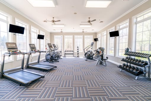 a large fitness gym with cardio machines and windows