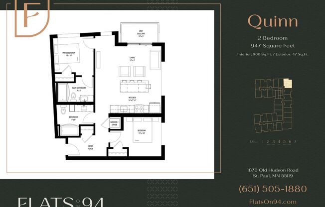 2 beds, 2 baths, 900 sqft, $2,045, Unit 611 - Quinn