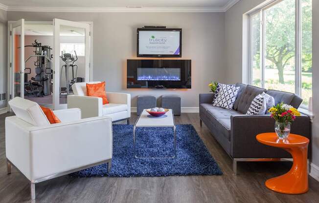 A living room with a grey couch and a white chair.