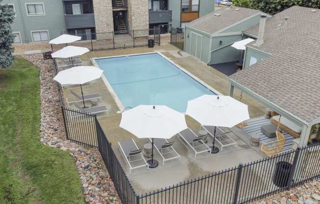 Aerial view of our community pool at Hilltop View Apartments