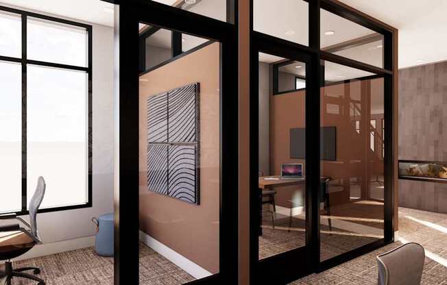 A room with a brown wall and a black chair.