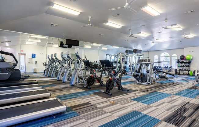 a gym filled with cardio equipment and weights