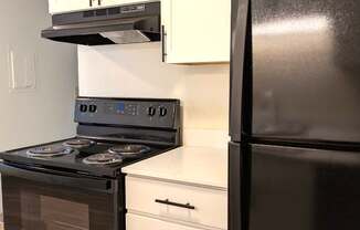 A black refrigerator stands next to a black stove in a kitchen.