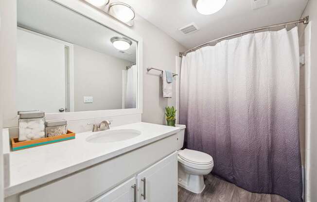 A white bathroom with a toilet, sink, and shower.