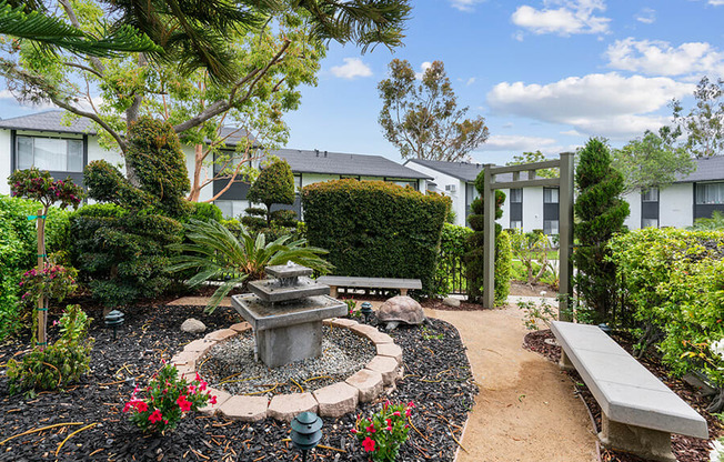 Beautiful landscaping and fountain