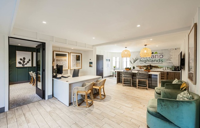 a living room with a kitchen and a dining room