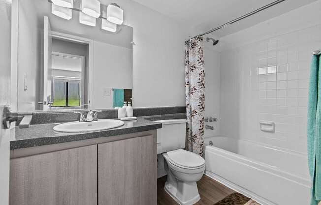 A bathroom with a white toilet, sink, and a shower.