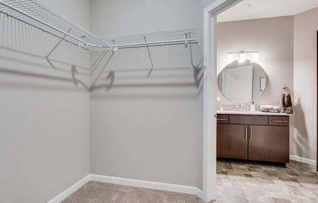 a closet in a bathroom with a sink and a mirror. Circle Pines, MN Lexington Lofts