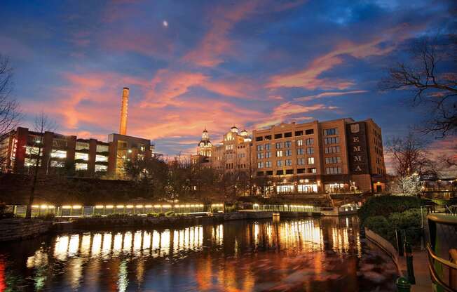 Texas Sunset over Hotel Emma and San Antonio River Walk at Pearl Brewery at The Can Plant Residences at Pearl, Texas