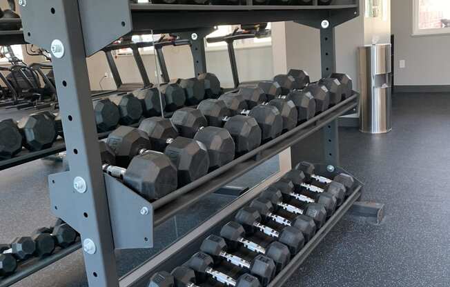 24 hour fitness center with kettlebells and dumbbells at the northbrook apartments in lincoln nebraska