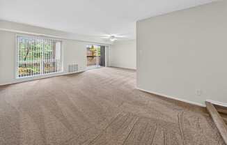 A large, empty room with a carpeted floor and a window with blinds.