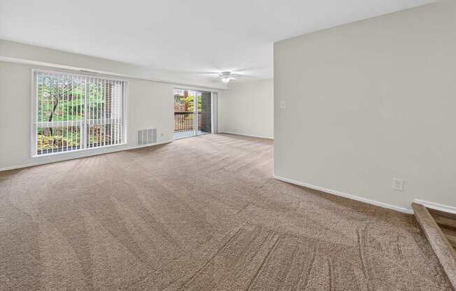 A large, empty room with a carpeted floor and a window with blinds.