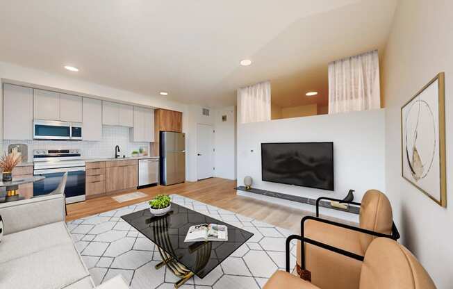 a living room with a couch and a table