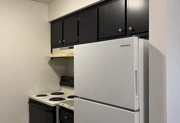A white refrigerator and black oven in a kitchen.