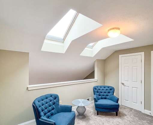 2nd floor loft area with skylights and closets for storage