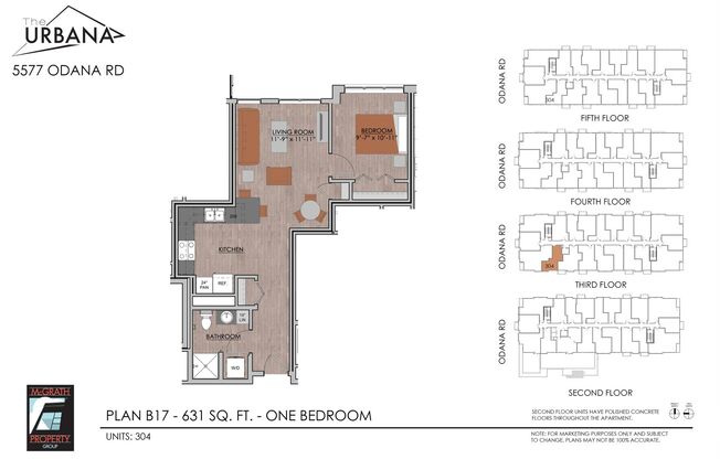 1 bed, 1 bath, 631 sqft, $1,495, Unit 304