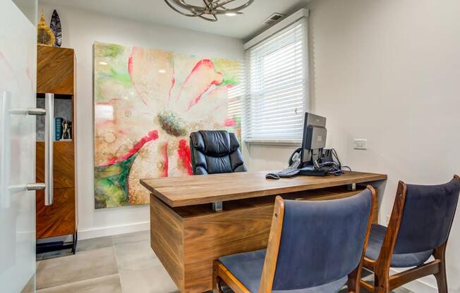 Wooden table and chair at The View Apartments St Charles, Illinois