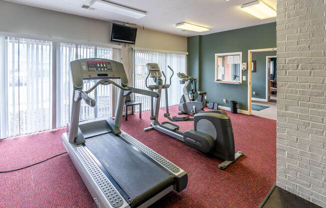 a gym with treadmills and other exercise equipment on a red rug