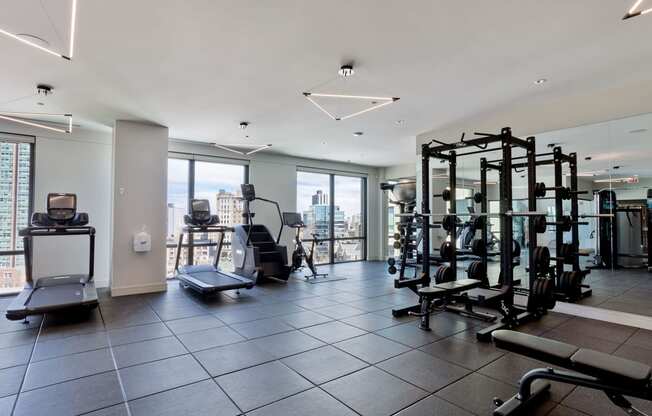 a gym with exercise equipment and a view of the city at Platform 4611, Illinois, 60640