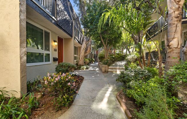 the walkway between the apartment buildings is lined with plants and trees