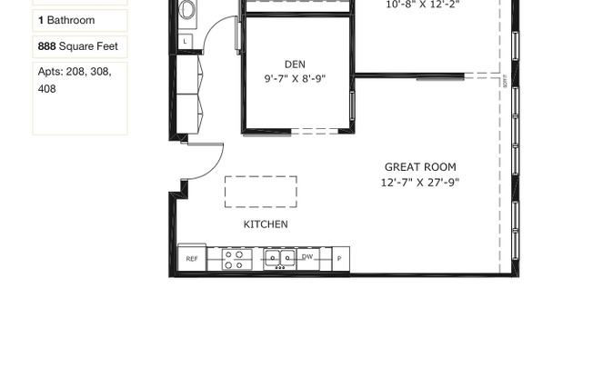 1 bed, 1 bath, 888 sqft, $1,995, Unit 308