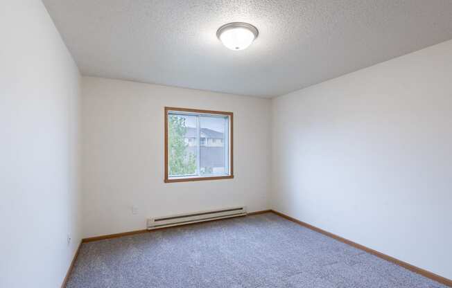 the living room of an empty room with carpet and a window. Fargo, ND Oxford Apartments