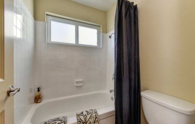 Model home bathroom with windows in the shower/tub enclosure near the ceiling.  Navy blue shower curtain and matching towels folded on the edge of the bathtub.