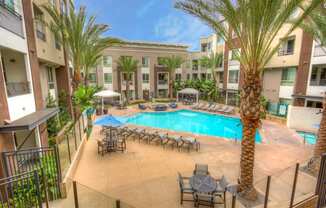 Pool and firepit at Accent apartments, Los Angeles, California