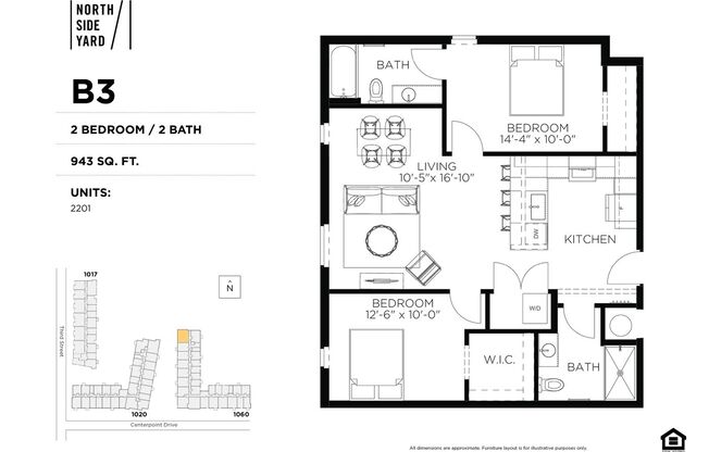 2 beds, 2 baths, 943 sqft, $1,900, Unit 2201