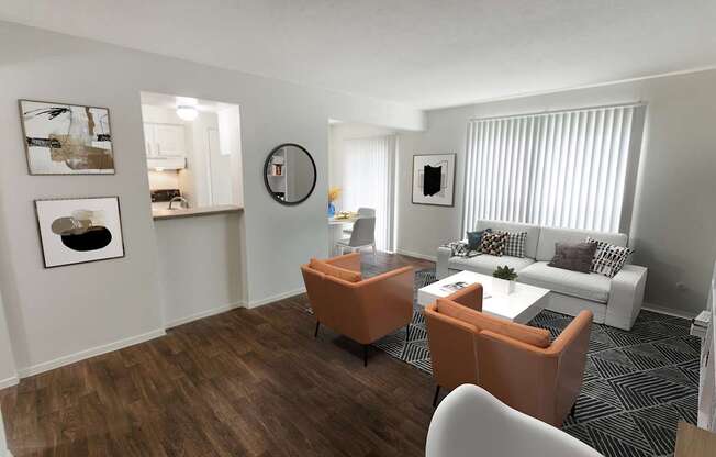 A living room with a white couch and orange chairs.