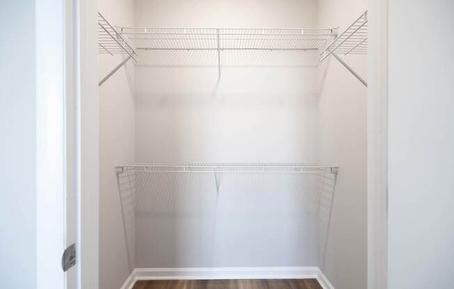 Empty white closet with shelves and a door.