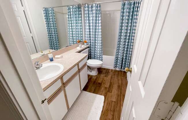 The Crest at Berkeley Lake model apartment second bathroom with soaking tub located in Duluth,GA 30096