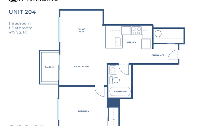 1 bed, 1 bath, 475 sqft, $1,850, Unit 204