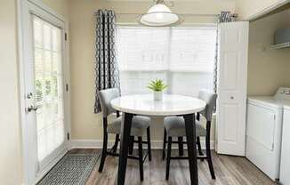 Eat-in dining table in front of large window.