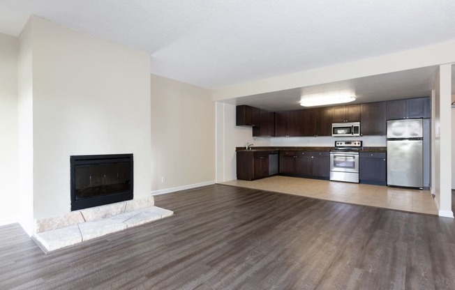 Living area with fireplace and kitchen