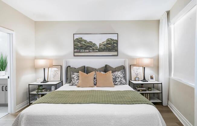 Serene tones, layered textures, and a calming layout create a bedroom that welcomes rest, recharge, and a slower start to your day.