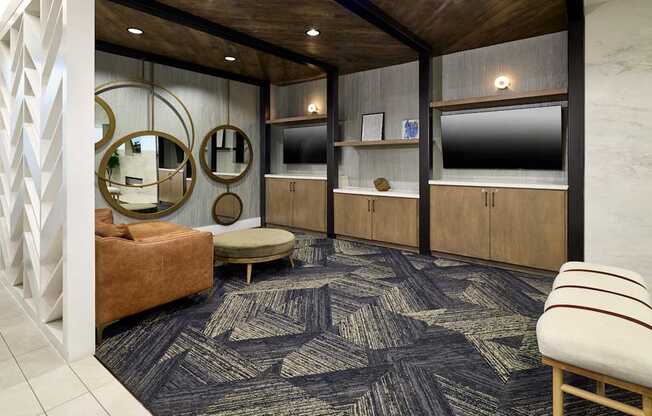 A modern living room with a brown sofa and a patterned carpet.
