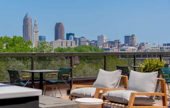 a rooftop deck with a view of the philadelphia skyline at TREO Apartments, Cleveland, OH