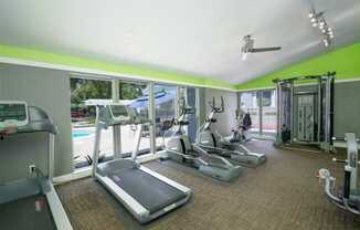 Fitness Center with cardio equipment and windows overlooking a pool