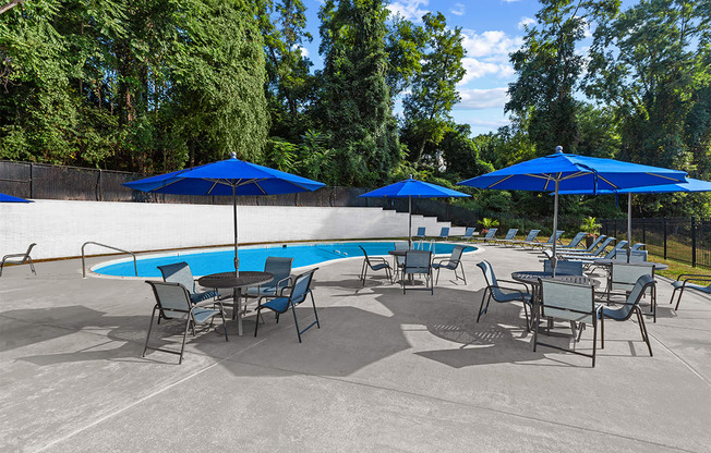 a group of tables with umbrellas and chairs around a pool