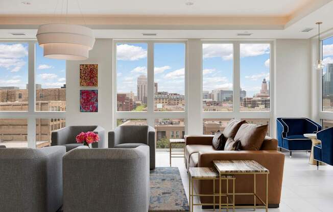 A living room with a view of the city.