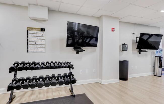 the gym with weights and a television on the wall