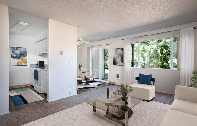 a living room with a white couch and a table