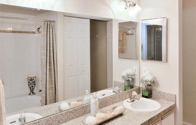 Double bathroom vanity at Montfort Place in North Dallas, TX, For Rent. Now leasing 1 and 2 bedroom apartments.