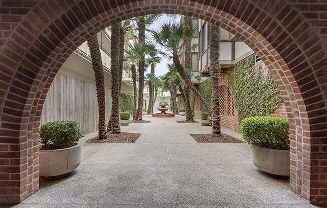 a courtyard with palm trees and a fountain