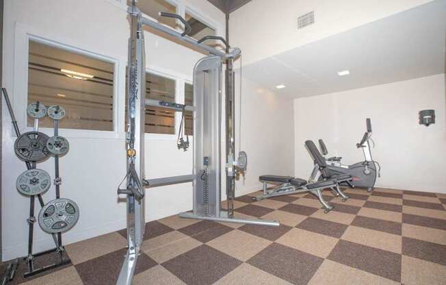 A home gym with a squat rack, bench, and weights.