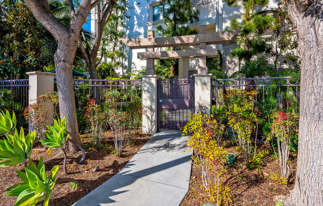 a walkway through a garden with trees and plants