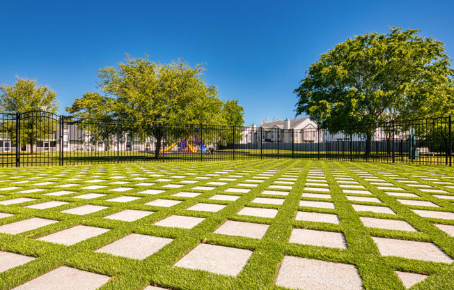 a grassy area with trees in the background and a black fence in the foreground