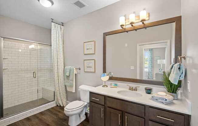 a bathroom with a large mirror and a shower and a sink