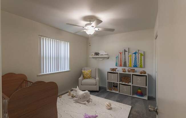 This is a photo of a virtually staged second bedroom room in the 970 square foot 2 bedroom, 2 bath apartment at Preston Park Apartments in Dallas, TX